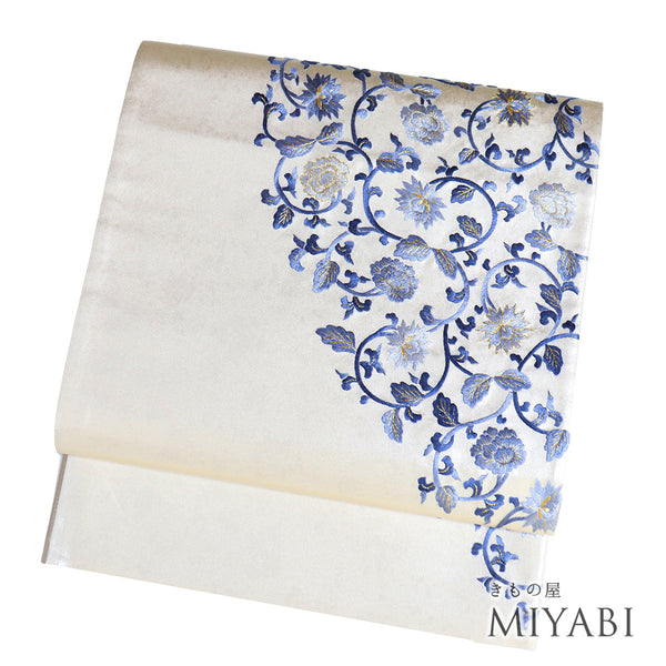 袋帯 リサイクル 帯丈450cm ポイント柄 花唐草柄 刺繍 シルバー Lサイズ 正絹 新品・未使用品 フォーマル お洒落