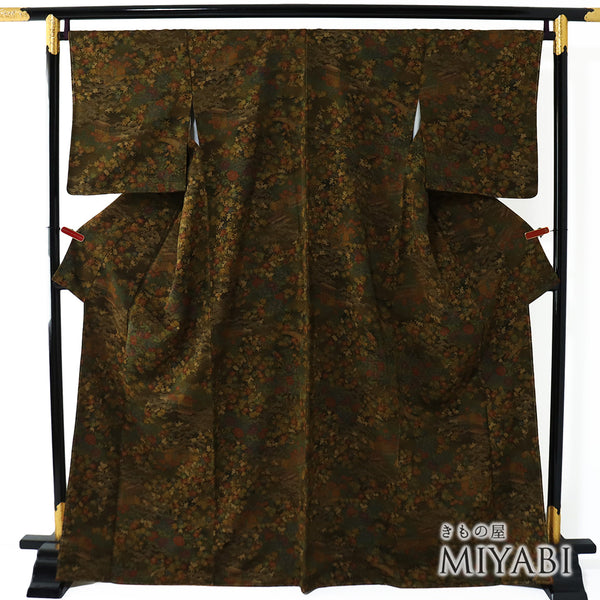 小紋 リサイクル 身丈166.2cm 裄68.4cm 袷 牡丹に松や紅葉柄 ゆったりサイズ ブラウン LLサイズ お洒落 カジュアル 正絹 広衿 Aランク