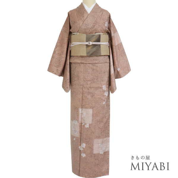 訪問着 リサイクル 身丈160cm 裄65.8cm 袷 紬 伝統工芸品 上代絵抜御召 さくらつむぎ ゆったりサイズ 地紋 ベージュ Mサイズ お洒落 証紙 正絹 広衿 Sランク