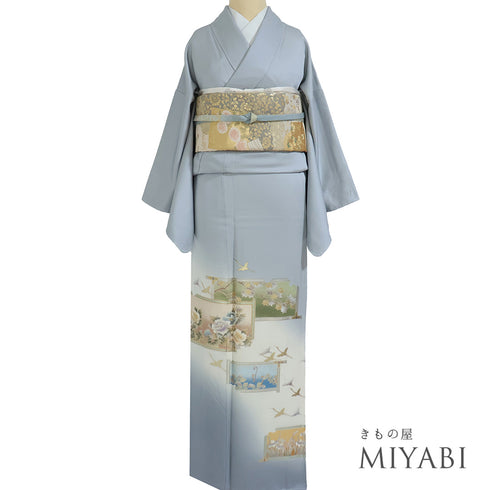 訪問着 リサイクル 身丈161.7cm 裄64.4cm 袷 鶴柄 牡丹柄 金彩 四季花模様 比翼無し グレー Lサイズ セミフォーマル 一つ紋 正絹 広衿 Sランク