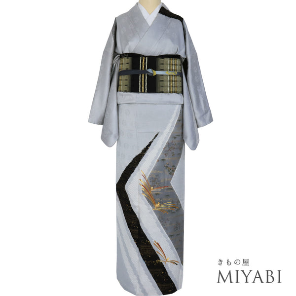 訪問着 リサイクル 身丈164.3cm 裄66.6cm 袷 若松模様 金駒刺繍 部分刺繍 パールトーン加工 グレー Lサイズ セミフォーマル 正絹 広衿 Sランク