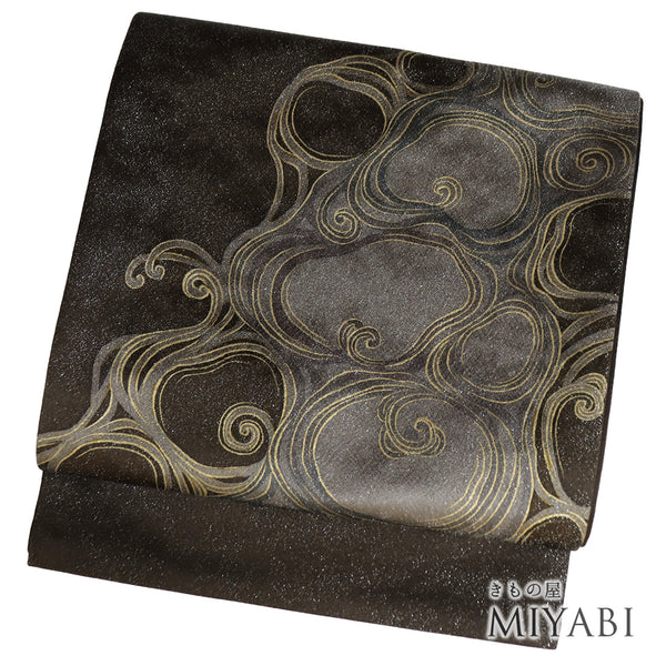 袋帯 リサイクル 帯丈444cm ポイント柄 抽象柄 芯なし ブラウン Mサイズ 正絹 新品・未使用品 お洒落