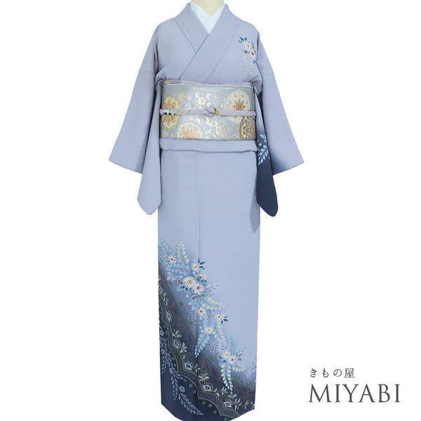 付下げ リサイクル 身丈151.8cm 裄61.2cm 袷 辻ヶ花柄 絞り加工 ミシン 胴裏化繊 ブルー Sサイズ セミフォーマル お洒落 正絹 広衿 Sランク