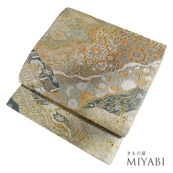 袋帯 リサイクル 帯丈436cm 六通 吉祥文様 グレー Mサイズ 正絹 Sランク フォーマル セミフォーマル