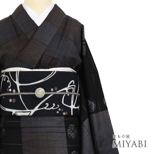 紬 リサイクル 身丈170.8cm 裄70.6cm 袷 丸に松竹梅柄 ブラック LLサイズ お洒落 カジュアル 正絹 広衿 Sランク