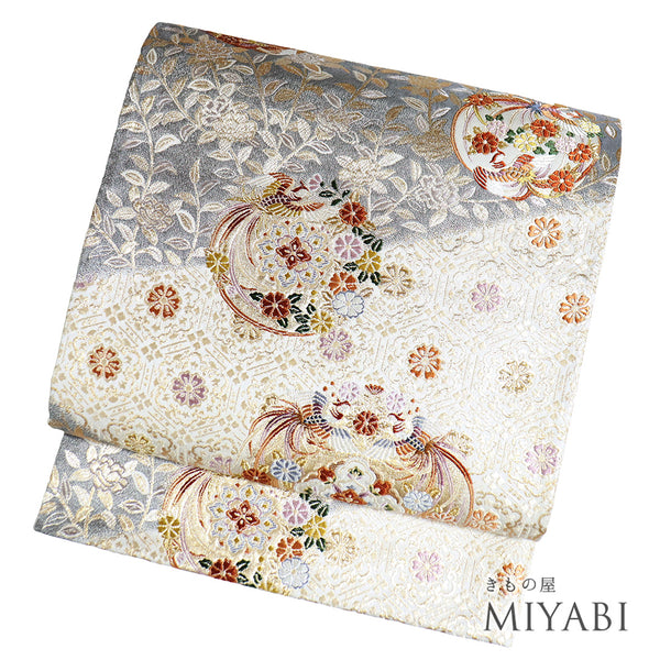 袋帯 リサイクル 帯丈434cm 六通 有職文様 華文 西陣織り シルバー Sサイズ 正絹 新品・未使用品 フォーマル セミフォーマル