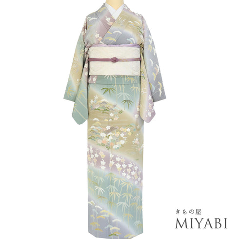 訪問着 リサイクル 身丈156.8cm 裄64.4cm 袷 松竹梅柄 四季草花柄 多色 Mサイズ セミフォーマル お洒落 正絹 広衿 Sランク