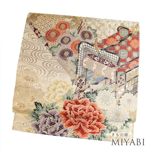 袋帯 リサイクル 帯丈440cm 六通 几帳御所車や牡丹柄 刺繍 ゴールド Mサイズ 正絹 新品・未使用品 フォーマル セミフォーマル