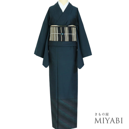 紬 リサイクル 身丈164.8cm 裄70.4cm 袷 裾柄 ネイビー Lサイズ お洒落 正絹 広衿 Aランク