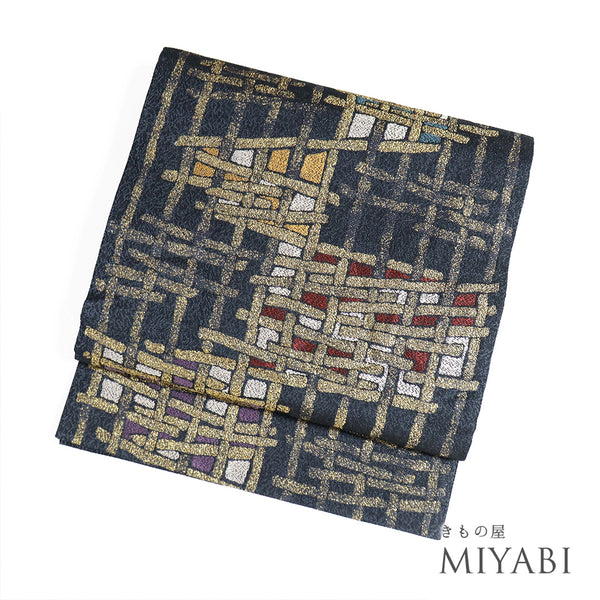 袋帯 リサイクル 帯丈432cm 六通 抽象柄 ネイビー Sサイズ 正絹 Sランク お洒落