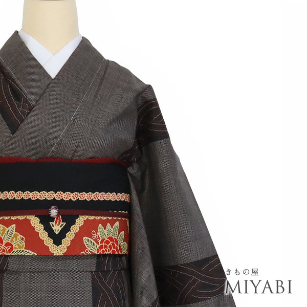 紬 リサイクル 身丈168.5cm 裄64.6cm 袷 デザイン縞柄 ブラウン LLサイズ お洒落 カジュアル しつけ糸 正絹 広衿 Sランク