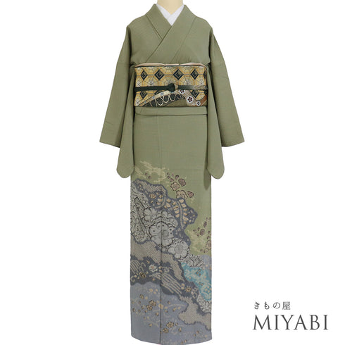 色留袖 リサイクル 身丈159.2cm 裄65.4cm 袷 辻ヶ花模様 絞り 大脇一心 グリーン Mサイズ 落款 三つ紋 正絹 広衿 Sランク