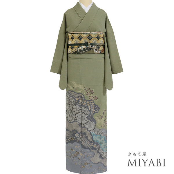 色留袖 リサイクル 身丈159.2cm 裄65.4cm 袷 辻ヶ花模様 絞り 大脇一心 グリーン Mサイズ 落款 三つ紋 正絹 広衿 Sランク