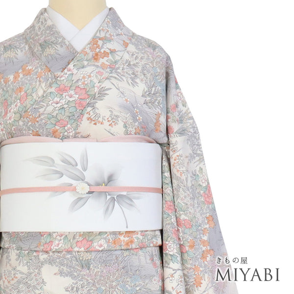 小紋 リサイクル 身丈156.5cm 裄64.4cm 袷 水辺の風景に花や鳥柄 地紋 ベージュ Mサイズ お洒落 カジュアル 正絹 広衿 Sランク