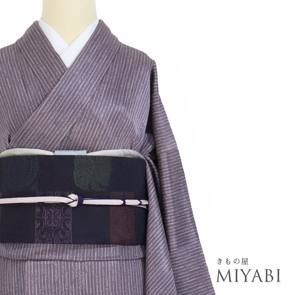 小紋 リサイクル 身丈155cm 裄65.3cm 袷 縞模様 伝統工芸士 一級技能士 長居賢珠 パープル Sサイズ カジュアル 落款 正絹 広衿 Sランク