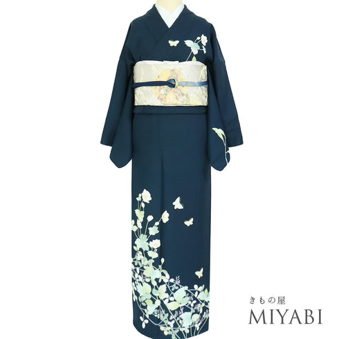 訪問着 リサイクル 身丈158cm 裄66.4cm 袷 秋明菊に萩や蝶柄 グリーン Mサイズ セミフォーマル お洒落 一つ紋 正絹 広衿 Sランク