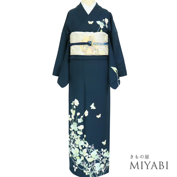 訪問着 リサイクル 身丈158cm 裄66.4cm 袷 秋明菊に萩や蝶柄 グリーン Mサイズ セミフォーマル お洒落 一つ紋 正絹 広衿 Sランク