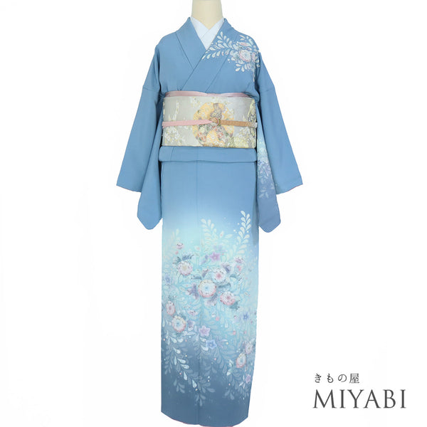 付下げ リサイクル 身丈162cm 裄66.2cm 袷 辻ヶ花文様 ブルー Lサイズ セミフォーマル 一つ紋 正絹 広衿 Aランク