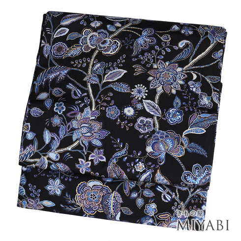 名古屋帯 リサイクル 帯丈350.7cm 全通 デザイン花柄 ブラック Sサイズ 正絹 Sランク お洒落 カジュアル