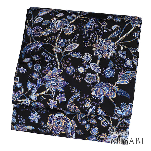 名古屋帯 リサイクル 帯丈350.7cm 全通 デザイン花柄 ブラック Sサイズ 正絹 Sランク お洒落 カジュアル