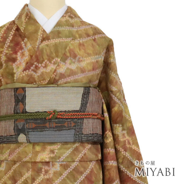 小紋 リサイクル 身丈168.5cm 裄69.4cm 袷 漢方染め 折り縫い絞り 多色 LLサイズ お洒落 カジュアル 正絹 広衿 Sランク