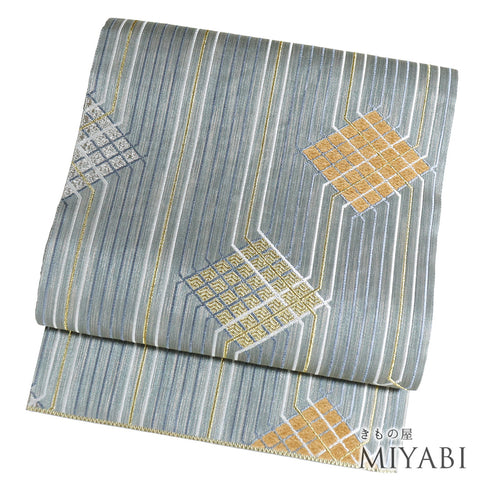 袋帯 リサイクル 帯丈436cm 六通 デザイン菱柄 幾何学模様 グレー Mサイズ 正絹 Sランク お洒落