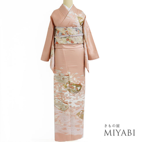 訪問着 リサイクル 身丈168.8cm 裄67.6cm 袷 花柄 金駒刺繍 ピンク LLサイズ セミフォーマル お洒落 正絹 広衿 Sランク