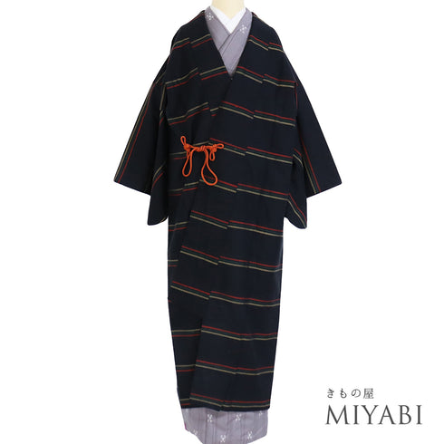 道中着 リサイクル 身丈130.8cm 裄67.4cm 袷 紬 ロング丈 縞柄 ブラック Lサイズ お洒落 カジュアル 正絹 Aランク