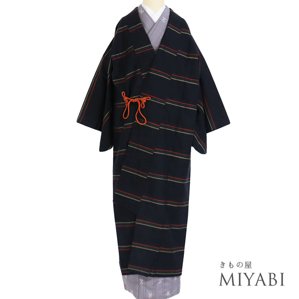 道中着 リサイクル 身丈130.8cm 裄67.4cm 袷 紬 ロング丈 縞柄 ブラック Lサイズ お洒落 カジュアル 正絹 Aランク