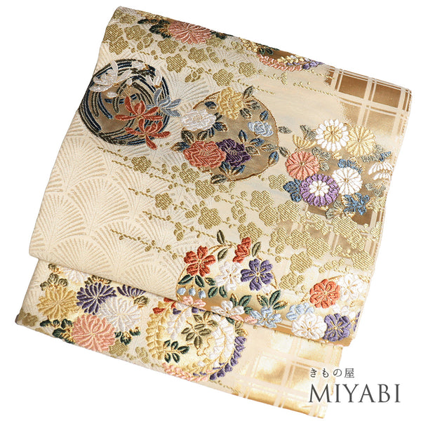 袋帯 リサイクル 帯丈436cm 六通 刺繍 花丸 ゴールド Mサイズ 正絹 新品・未使用品 フォーマル