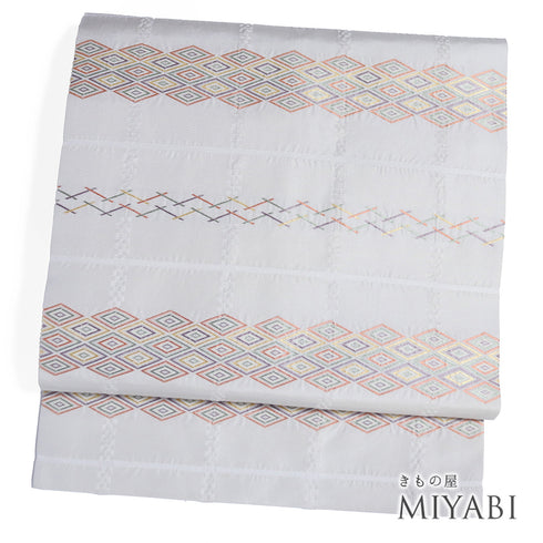 名古屋帯 リサイクル 帯丈353.5cm 六通 横段柄 グレー Sサイズ 正絹 Sランク お洒落 カジュアル