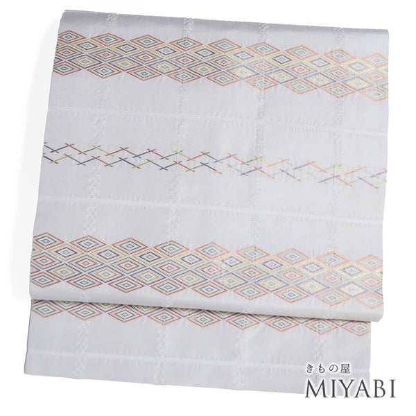 名古屋帯 リサイクル 帯丈353.5cm 六通 横段柄 グレー Sサイズ 正絹 Sランク お洒落 カジュアル