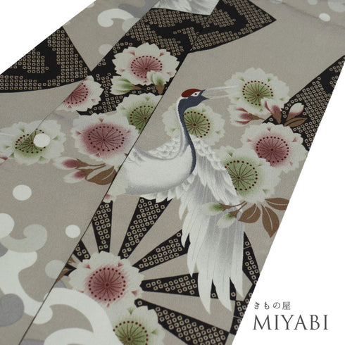 半巾帯 リサイクル 帯丈398cm 全通 鶴や波や花柄 両面柄 撫松庵 グレー SSサイズ 正絹 Sランク カジュアル お洒落