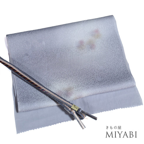 帯締め・帯揚げセット リサイクル ゆるぎ ちりめん パープル 正絹 未使用品 花柄の地紋