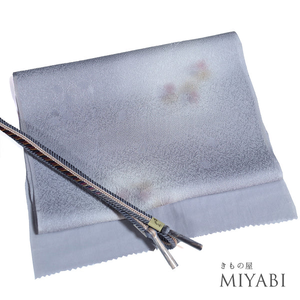 帯締め・帯揚げセット リサイクル ゆるぎ ちりめん パープル 正絹 未使用品 花柄の地紋