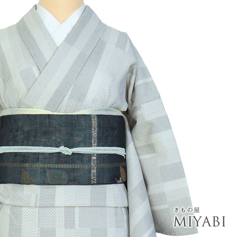 紬 リサイクル 身丈160.5cm 裄64.8cm 単衣 絣寄せ柄 グレー Lサイズ カジュアル お洒落 混合 洗える着物 広衿 Sランク