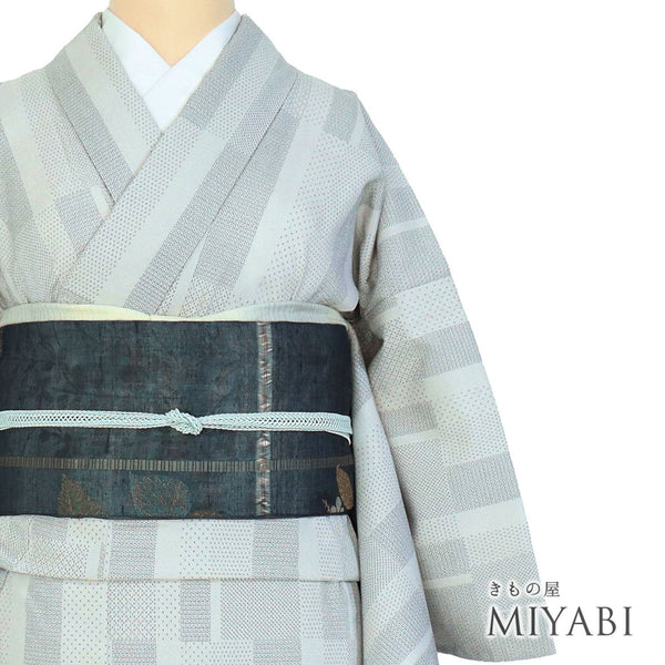 紬 リサイクル 身丈160.5cm 裄64.8cm 単衣 絣寄せ柄 グレー Lサイズ カジュアル お洒落 混合 洗える着物 広衿 Sランク