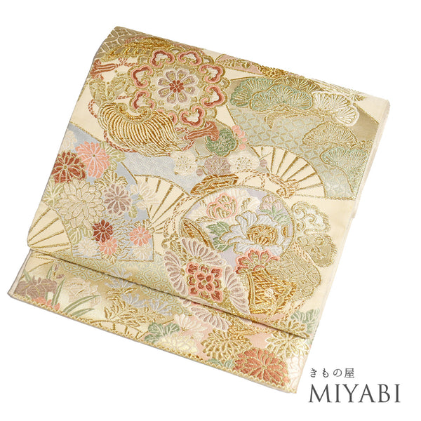 袋帯 リサイクル 帯丈440cm 六通 草花扇柄 箔 ゴールド Mサイズ 正絹 Aランク フォーマル セミフォーマル
