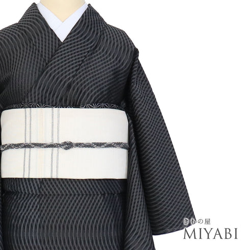 小紋 リサイクル 夏着物 身丈160.5cm 裄62.4cm 夏物 曲線柄 ブラック Lサイズ カジュアル お洒落 不明 広衿 Sランク