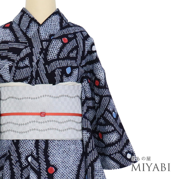 浴衣 リサイクル 夏着物 身丈148.6cm 裄62.8cm 夏物 絞り デザイン曲線柄 ネイビー SSサイズ カジュアル しつけ糸 木綿 洗える着物 バチ衿 Sランク