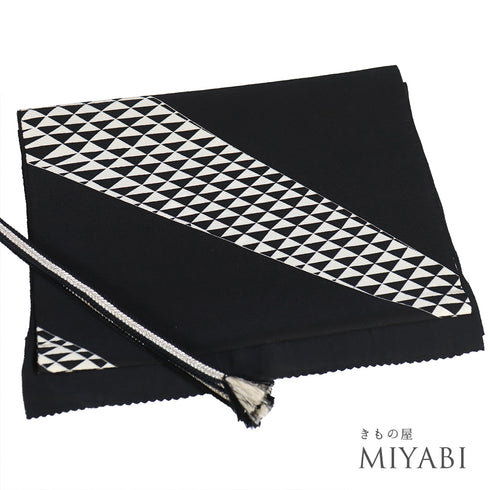 帯締め・帯揚げセット リサイクル 手組紐 ちりめん ブラック 正絹 新品・未使用品 幾何学模様