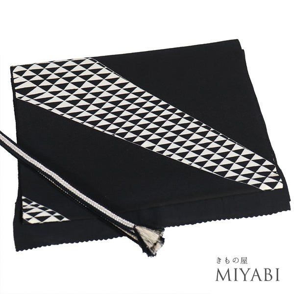 帯締め・帯揚げセット リサイクル 手組紐 ちりめん ブラック 正絹 新品・未使用品 幾何学模様