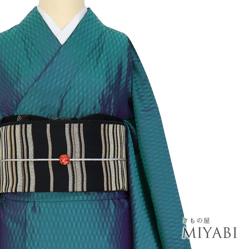 紬 リサイクル 身丈157.8cm 裄68.6cm 袷 縦枠地紋柄 グリーン Mサイズ お洒落 正絹 広衿 Sランク