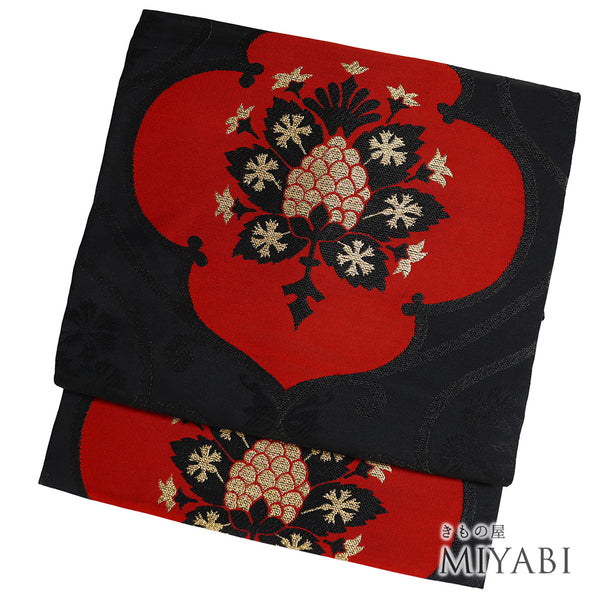 名古屋帯 リサイクル 帯丈322.5cm 六通 地紋 デザイン唐草柄 ブラック SSサイズ 正絹 Aランク お洒落