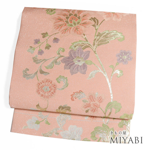 名古屋帯 リサイクル 帯丈359.5cm 六通 更紗花唐草柄 ピンク Sサイズ 正絹 Sランク お洒落