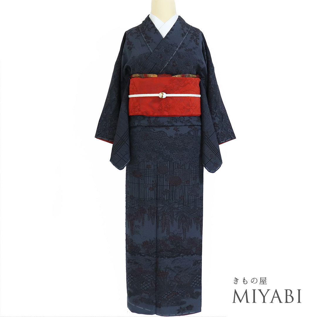 【未使用タグ付き】 鈴乃屋 着物 単衣 広衿 紗 絣模様 身丈約170cm 41d0054fe18d81b193e8190851fcb8