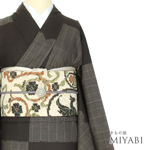 紬 リサイクル 身丈157.8cm 裄67.2cm 袷 デザイン松柄 ブラウン Mサイズ お洒落 カジュアル 正絹 広衿 Bランク