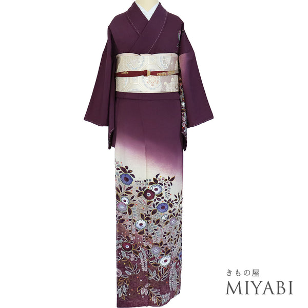 訪問着 リサイクル 身丈161cm 裄64cm 袷 辻ヶ花模様 後絞り 箔加工 松本孝美作 パープル Lサイズ お洒落 落款 しつけ糸 正絹 広衿 Sランク