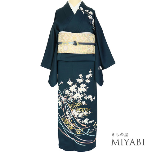 付下げ リサイクル 身丈156.7cm 裄62.6cm 袷 椿や花枝模様 箔加工 パールトーン加工 ネイビー Mサイズ フォーマル セミフォーマル 正絹 広衿 Aランク