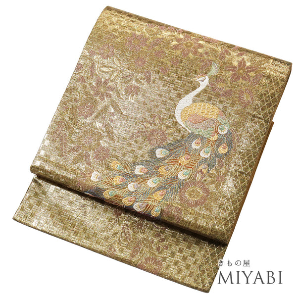 袋帯 リサイクル 帯丈434cm 六通 花に鳥模様 ゴールド Sサイズ 正絹 Sランク フォーマル